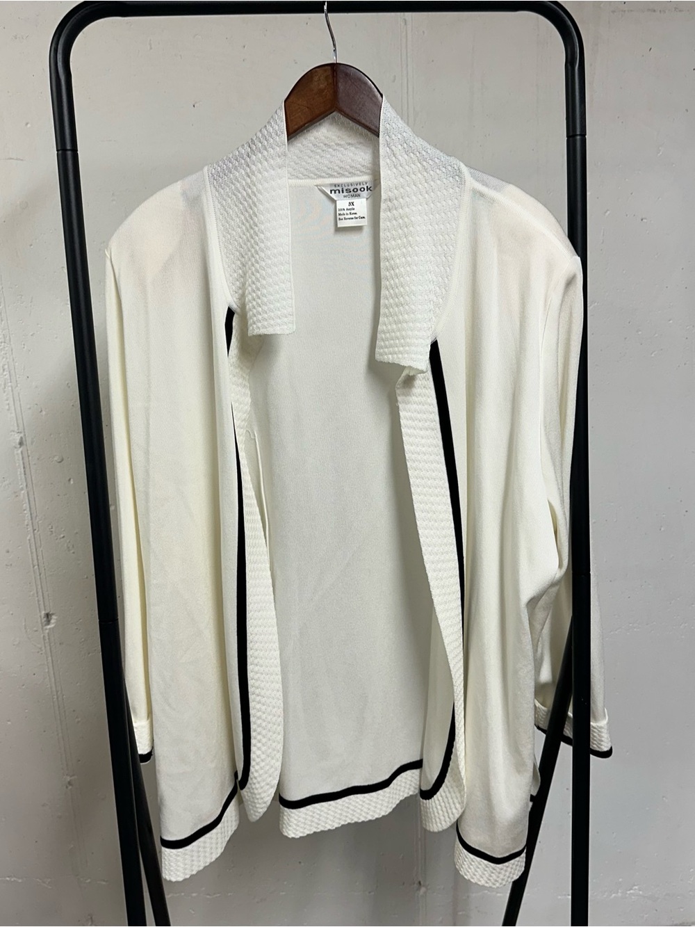 Misook White Open-Front Cardigan with Black Trim